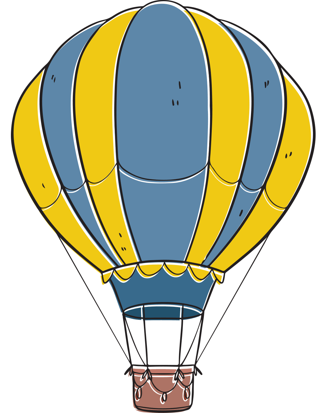 A Colorful Cartoon Hot Air Balloon With Yellow and Blue Stripes Floating in the Sky.