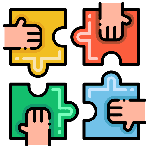 Four Hands Holding Puzzle Pieces, Working Together to Solve a Complex Problem.